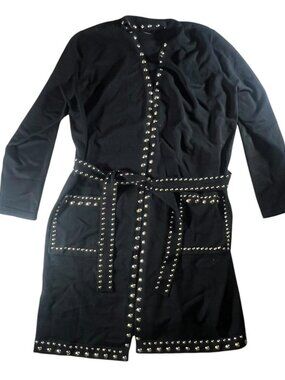 Goth Silver Stud Trim Belted Duster Coat